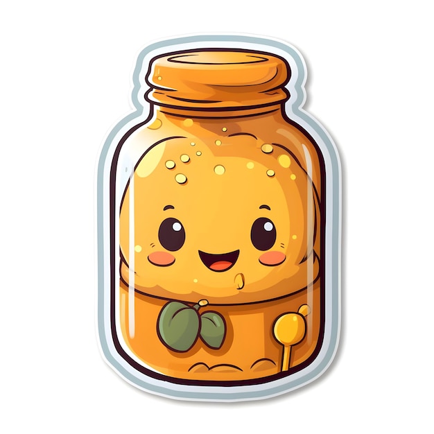 Photo a sticker of a jar of mustard with a smiley face.