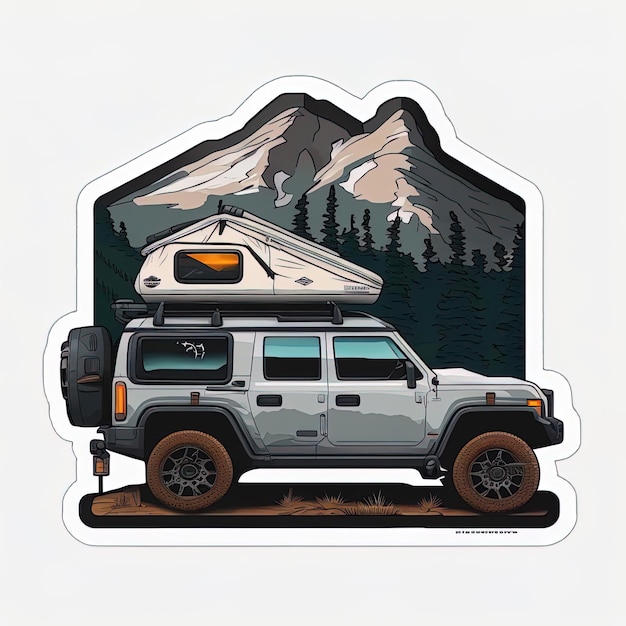 A sticker of a jeep with a tent on the roof.