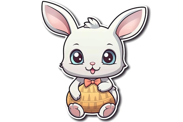 Наклейка каваи пасхальный кролик мультфильм держит пасхальное яйцо белый фон контур AI создан