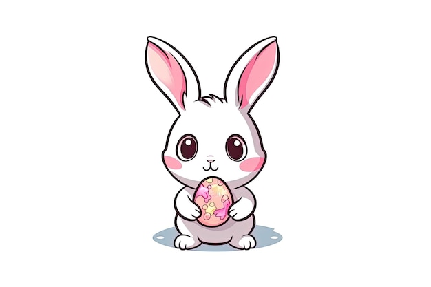 Photo sticker kawaii easter bunny cartoon holding an easter egg white background contour ai generated
