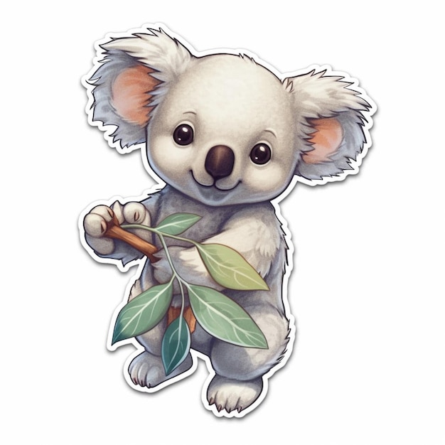A sticker of a koala with a leaf on it.