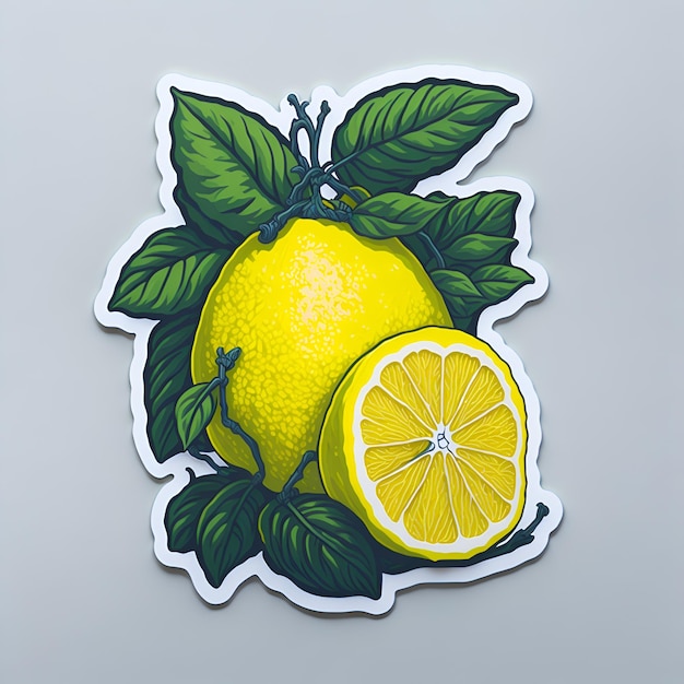 A sticker of lemons with green leaves and a lemon on it.