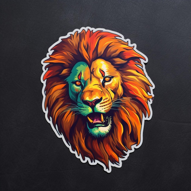 A sticker of a lion with a bright orange mane and the word lion on it.