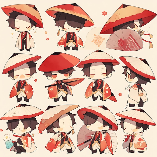 Photo sticker of male chibi kawaii chinese hanfu rich reds tasseled hat turna concept art game asset