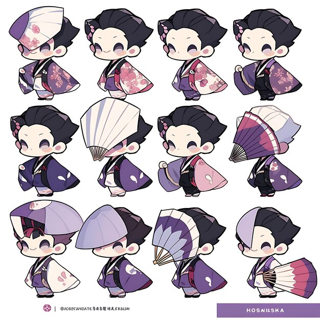 Photo sticker of male chibi kawaii japanese geisha elegant silks bamboo hat t concept art game asset