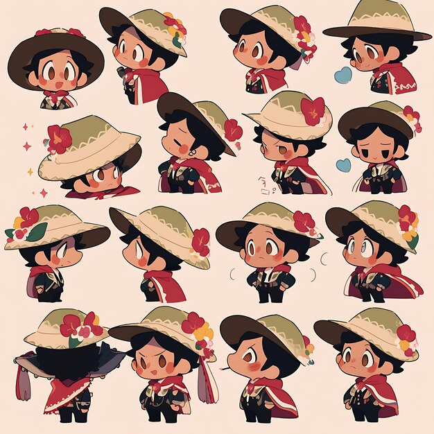 Photo sticker of male mexican mariachi chibi kawaii charro fashion bold color concept art game asset