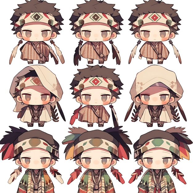 Sticker of male native american shaman chibi kawaii animal hide fashion concept art game asset