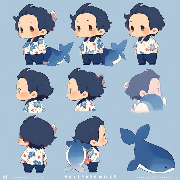 Photo sticker of male whale chibi kawaii polynesian fashion concept deep blue concept art game asset