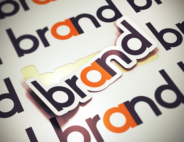 Sticker met het woord merk op een beige achtergrond. merknaam concept. de afbeelding is een 3d-weergave met vervagingseffect