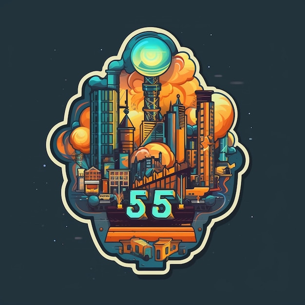 Sticker of a modern city with number 55 on it