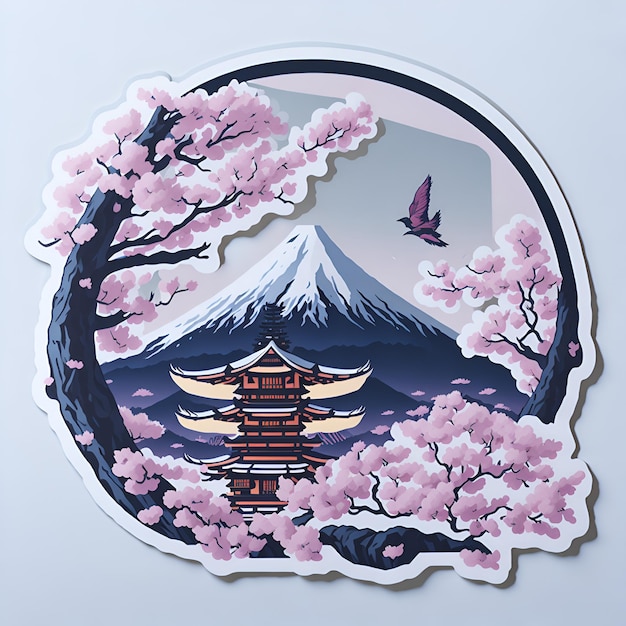 A sticker of a mountain with a japanese pagoda and a mountain in the background.