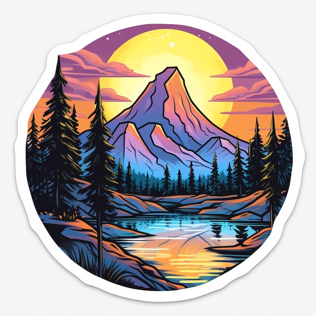 A sticker of a mountain with a lake and trees generative ai