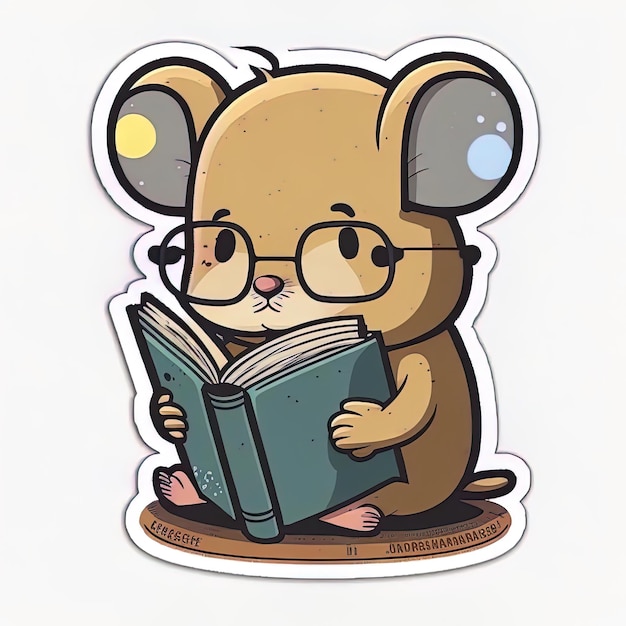 A sticker of a mouse reading a book.