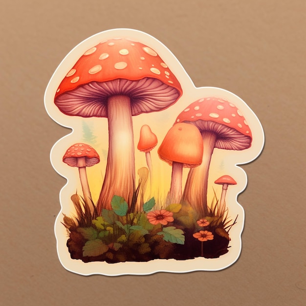 A sticker of mushrooms with a pink and orange background.