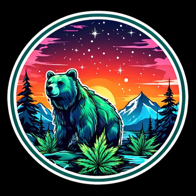 Photo sticker northern lights mascotbear contour cannabis vector white background vinyl sticker