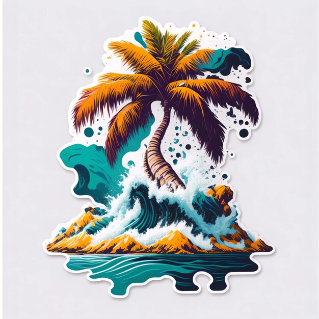 A sticker of a palm tree on a island with a wave and the words palm tree on it.