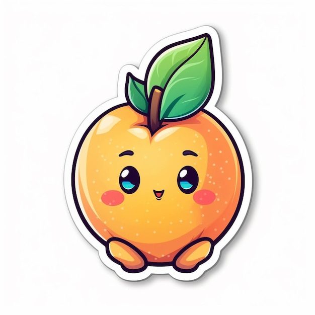 A sticker of a peach with a blue eyes and a green leaf on the bottom.