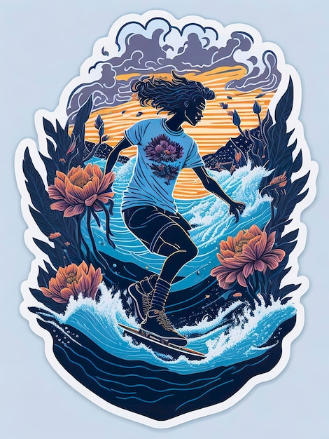 A sticker of a person on a surfboard with a flower on it.