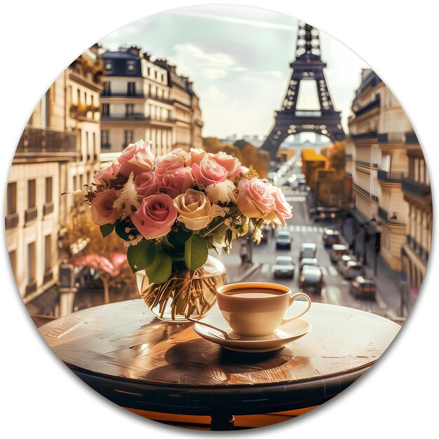 写真 ステッカーの写真バラの花瓶がコーヒーのカップの隣のテーブルに座っている