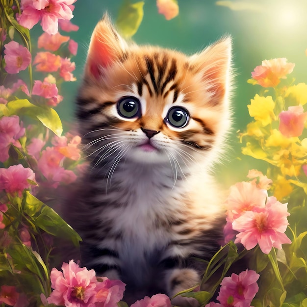 Sticker Print of Vivid Cute Kitten Fantasy Flowers Splash By Alim Graphic