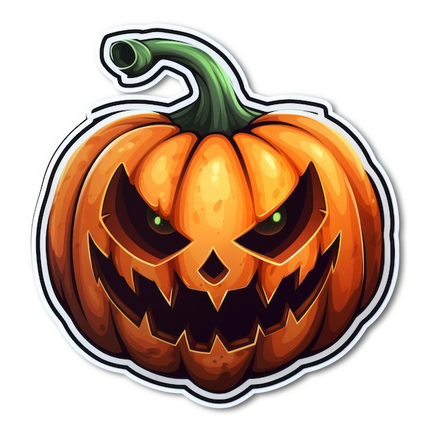 A sticker of a pumpkin with evil eyes