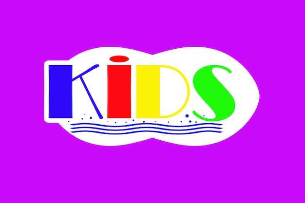 Sticker on a purple background, the word kids are multicolored