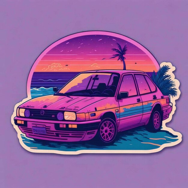 A sticker of a purple subaru wrx with a palm tree on the background.