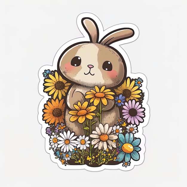 A sticker of a rabbit with a bunch of flowers on it.