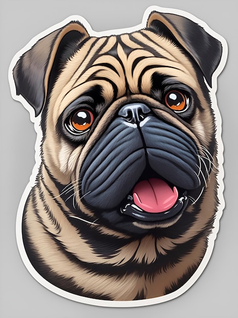 A Sticker of a Realistic Pug Dog Head with a Gray Background