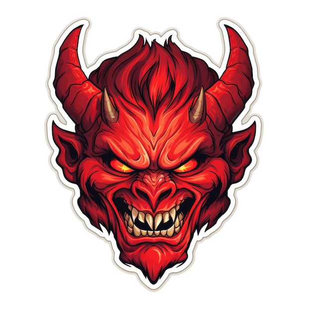 A sticker of a red devil with horns