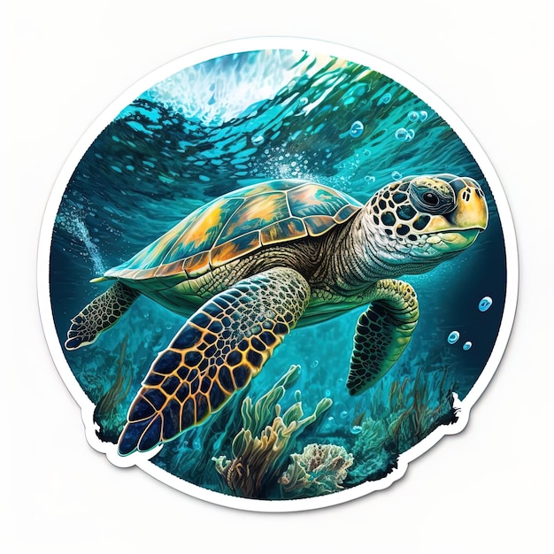 A sticker of a sea turtle swimming in the ocean.