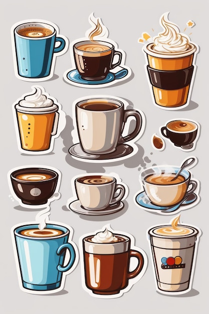 sticker sheet art cartoon icon hot Coffee cup white background no background Illustration 4K