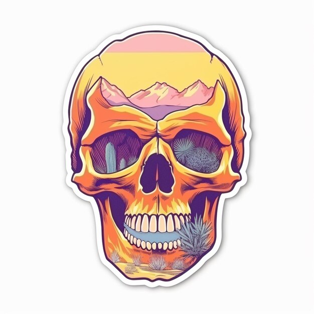 Photo a sticker of a skull with a mountain in the background generative ai