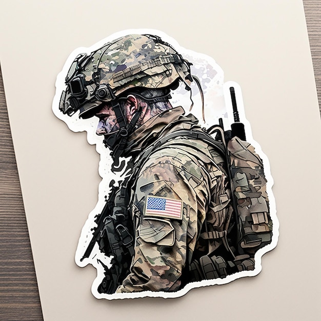 A sticker of a soldier with the american flag on it.