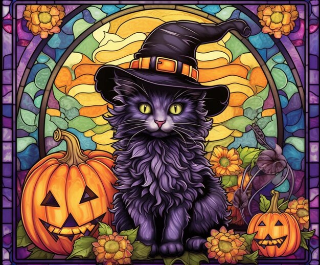 Sticker stain glass halloween cat