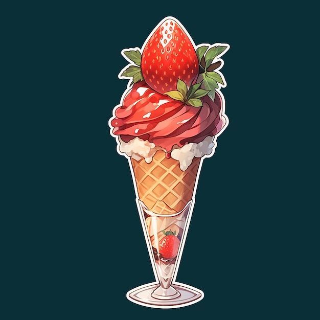 Sticker strawberry sundae ice cream cone kawaii