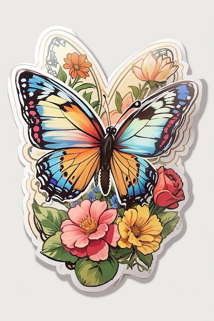 sticker template with cartoon character of a butterfly holding a flower isolated