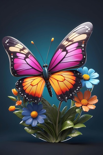 Sticker template with cartoon character of a butterfly holding a flower isolated