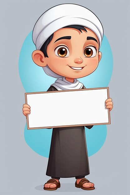 Sticker Template with Muslim Boy Holding Blank Signboard Isolated