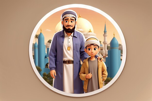 A sticker template with muslim people father and son