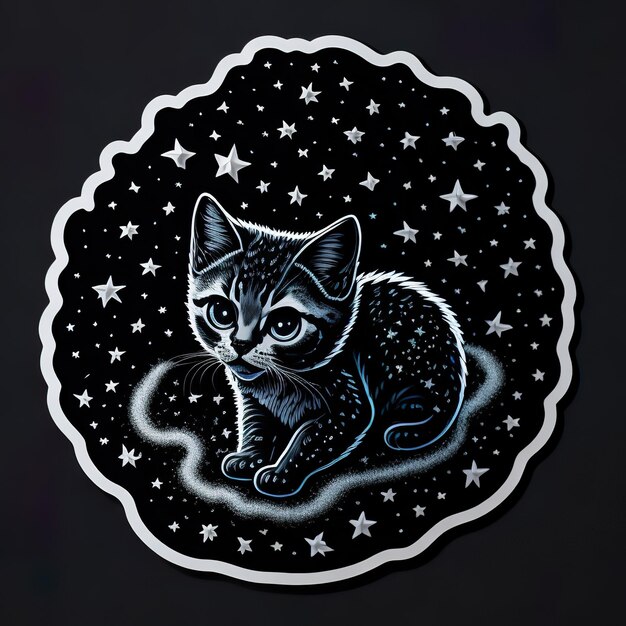 A sticker that has a cat on it that is black and white.