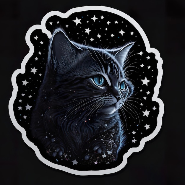 A sticker that has a cat with blue eyes and a black background.