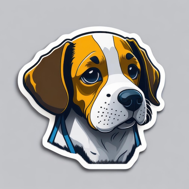 A sticker that has a dog face on it that has the word beagle on it.