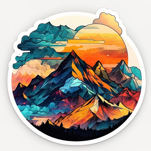 A sticker that says mountains and the sun is on it