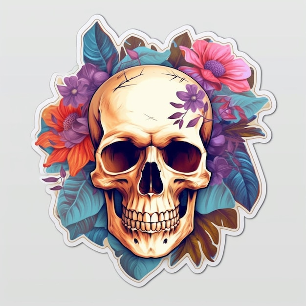 Sticker that says skull with flowers on it