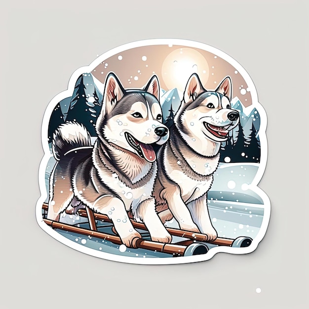 A sticker of two dogs on a snowy landscape.