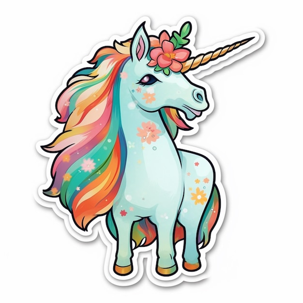 Photo a sticker of a unicorn with a flower on its head generative ai