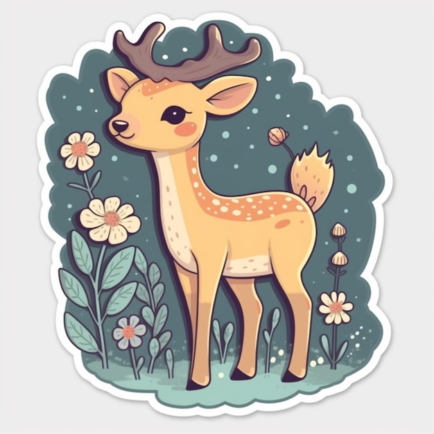 Sticker van een hert met gewei in een bloemenveld generatieve ai