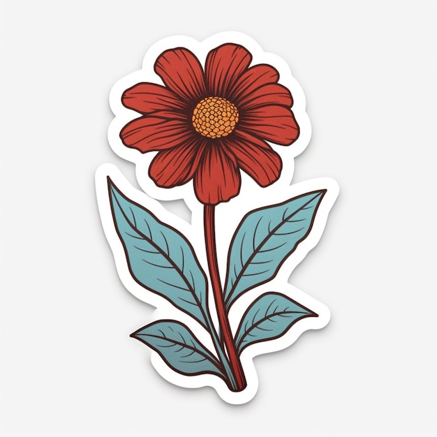 Sticker van een rode bloem met groene bladeren op een witte achtergrond generatieve ai