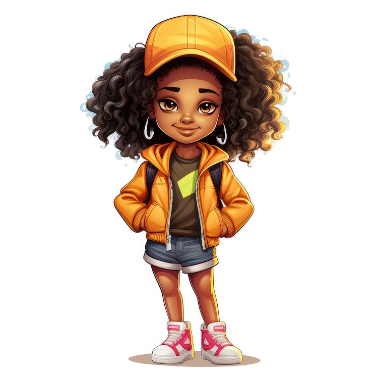 Foto sticker van een schattig afro meisje in stedelijke kleding geïsoleerd op witte achtergrond